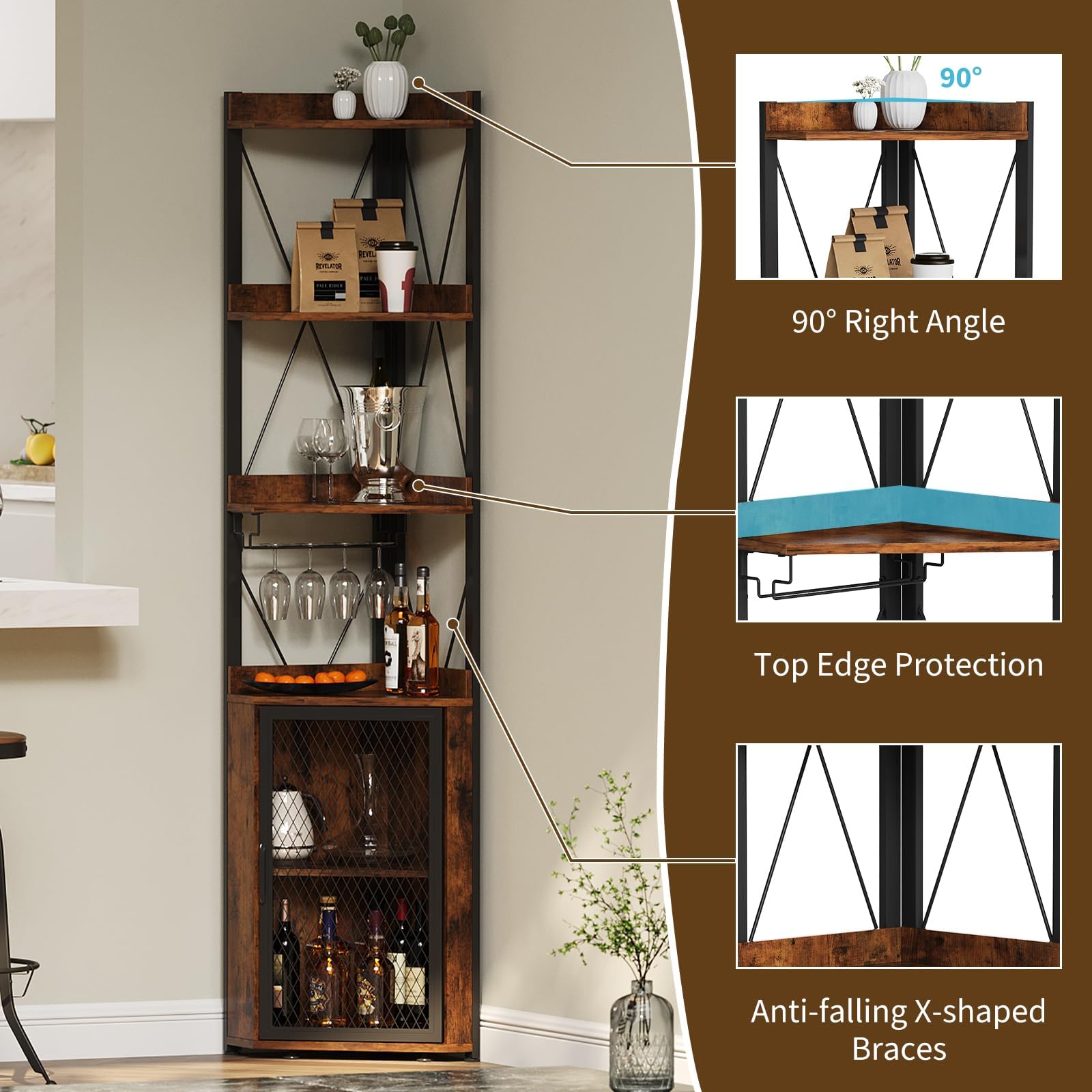 Garvee Eckregal Stehend Holz 178 cm, 5 Ebenen Eckschrank Schmal mit Weinflaschenhalter & Weinglasständer, Standregal mit X-förmigem Schutznetz, Weinschrank Barschrank für Wohnzimmer Küche, Braun