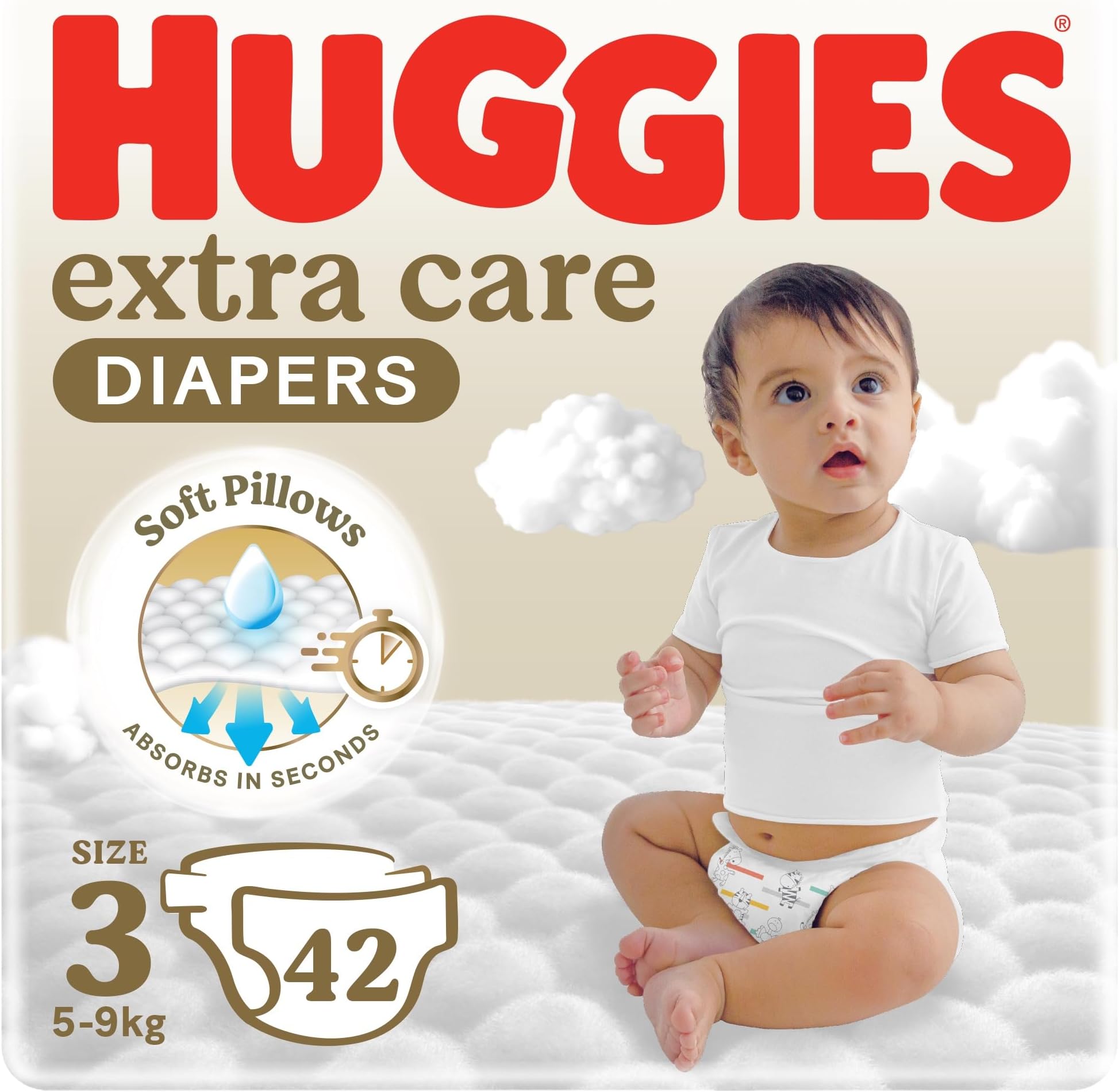 Huggies Extra Care, Size 3, 4 - 9 kg, Value Pack, 42 Diapers