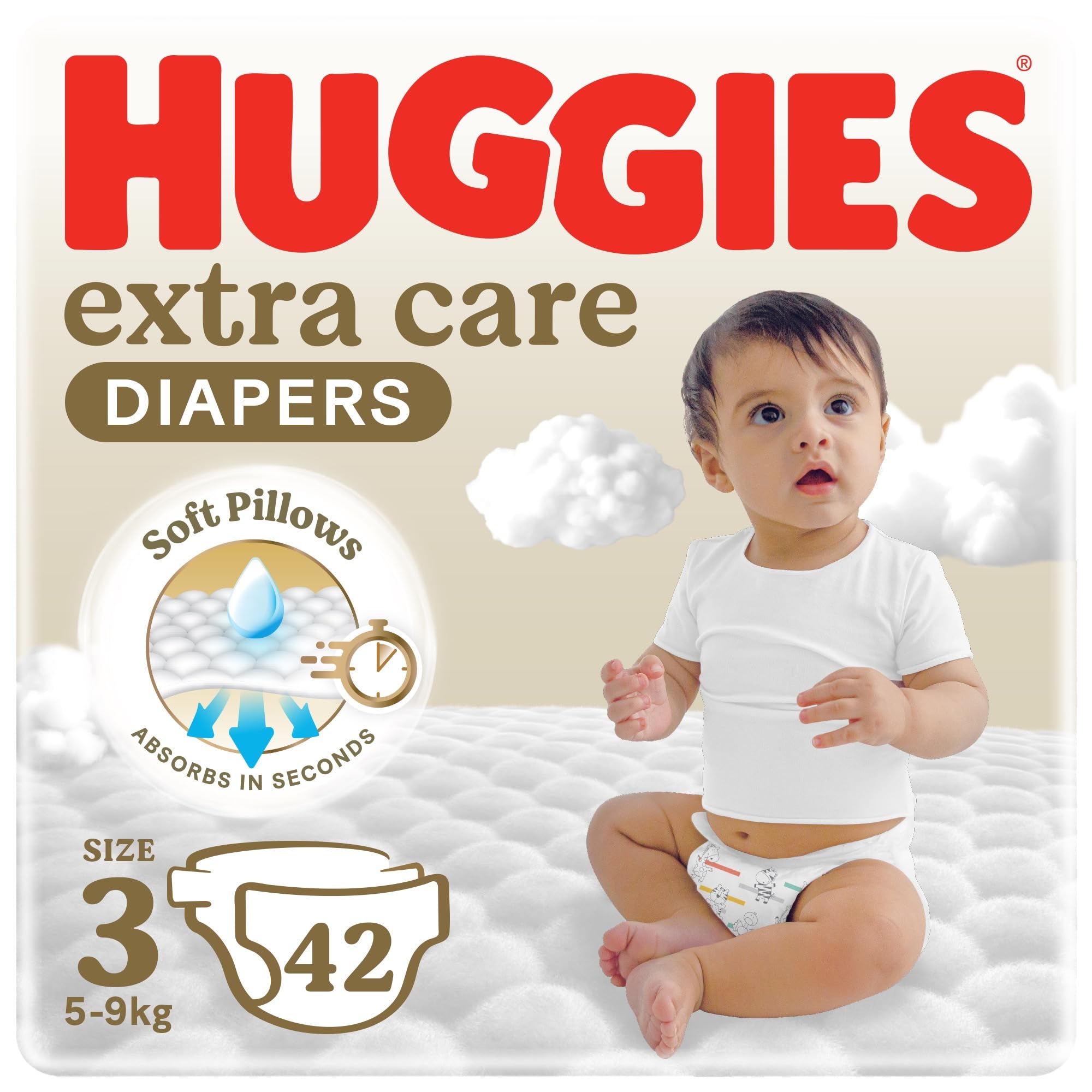 Huggies Extra Care Size 3 Baby Diapers Value Pack, 42 Count – Soft Absorbent Nappies with Wetness Indicator & Breathable Cover for Sitting & Crawling Babies (4-9 kg)