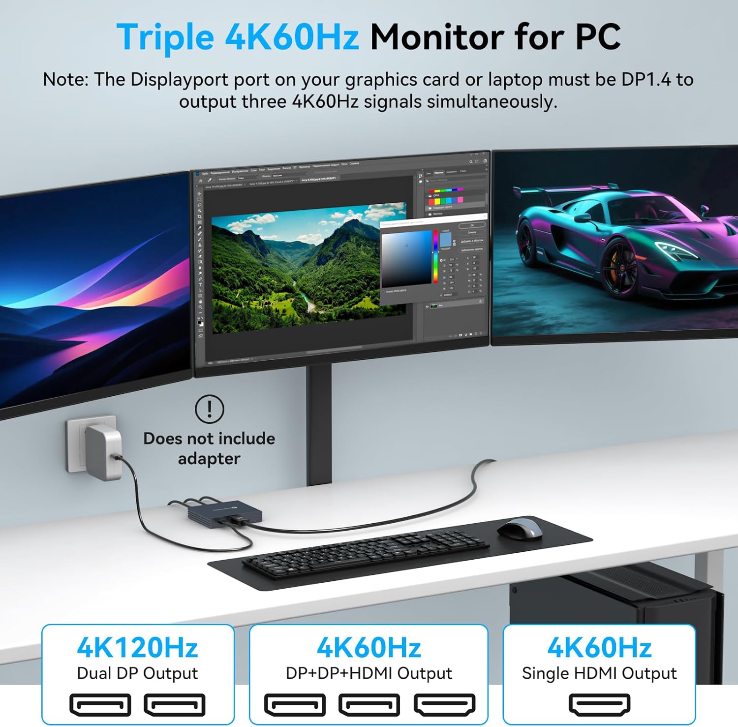 Displayport Splitter 3 Monitors Dual DP with HDMI Adapter 4K60Hz Extended Display 1 in 3 Out Displayport MST Hub for Multiple Monitors Compatible for PC, Graphics Card, Lenovo, HP and More