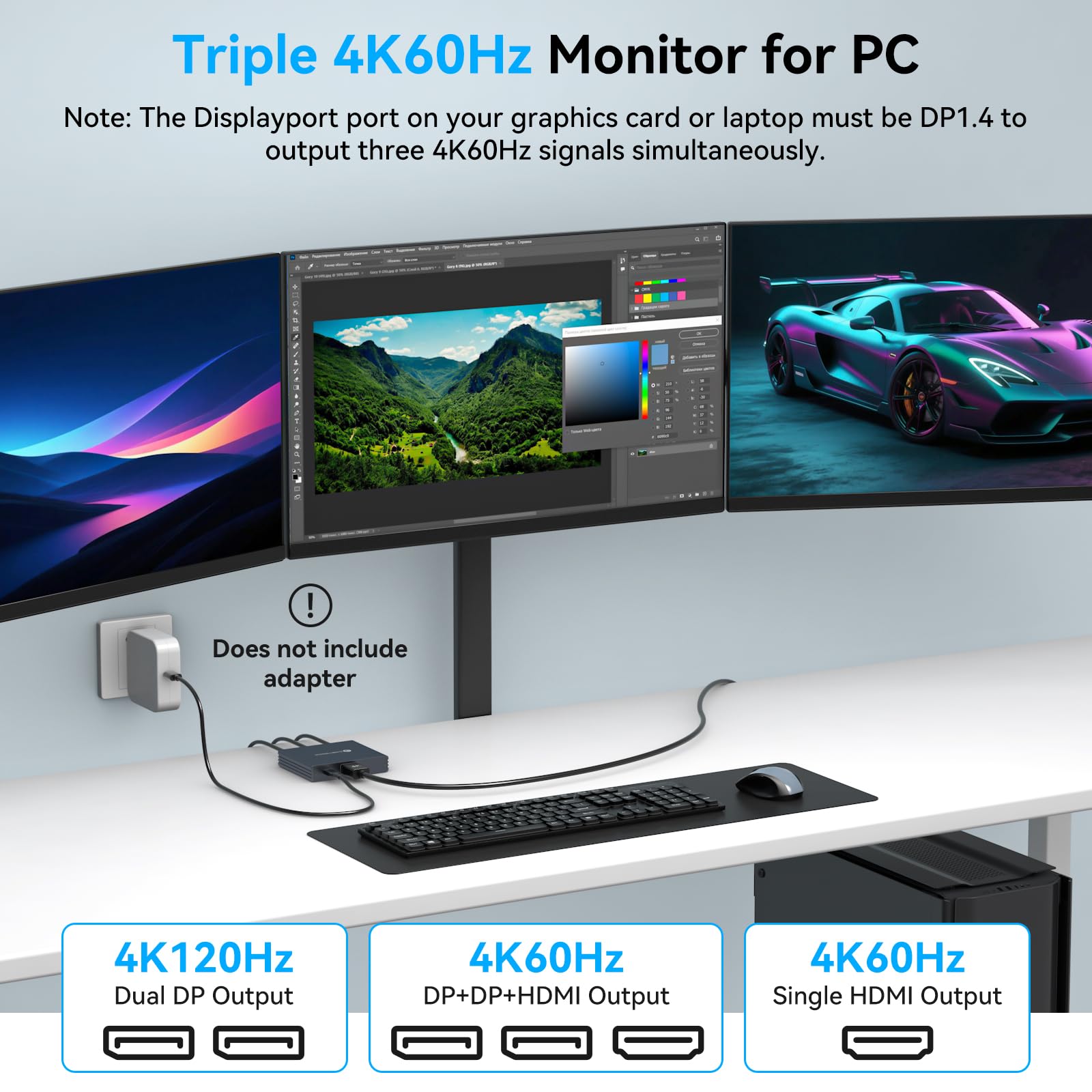 Displayport Splitter 3 moniteurs Dual DP avec adaptateur HDMI 4K60Hz Affichage étendu 1 entrée 3 sorties Displayport MST Hub pour plusieurs moniteurs Compatible avec PC, carte graphique