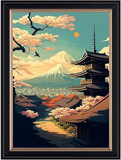 FramedJapanese Temple and Mountain Canvas Print Art, Vintage Painting Pictures, Elegant Wall Decor for Living Room,Wall Art,Cherry Blossom Art Print Dorm Room Decoration (Rerto Framed,12L X16W)