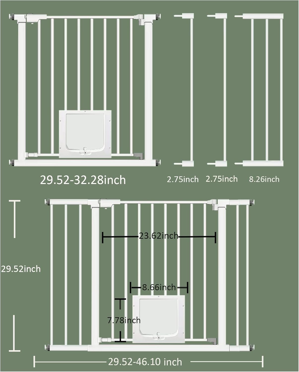 White Extra Wide Baby Gate with Pet Door Automatic Closing 29.5 to 46 Inches Adjustable Pressure Mounted for Doorway Stairs Includes 4 Wall Cups and 3 Extensions Pet Gate Baby Gate Dog Gate Cat Gate