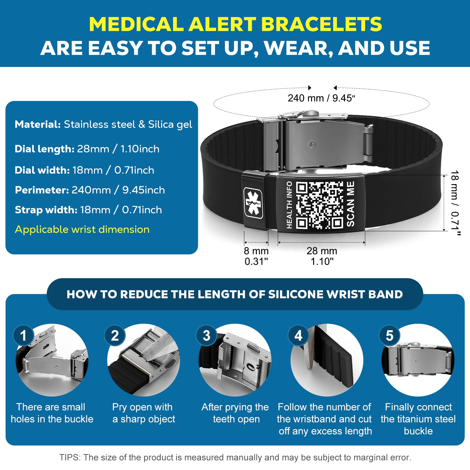Medizinisches Armband mit QR-Code-Notfall-ID, aus Silikon, wasserdicht, passt bis 22,9 cm Handgelenk, Notfallinfo, mehr Platz, für Sport, Jungen/Mädchen/Damen/Herren