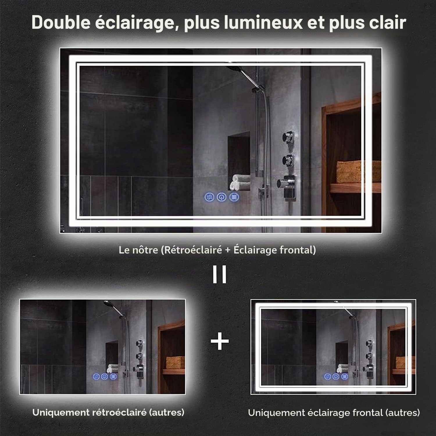Miroir de Salle de Bain, avec éclairage, 120 x 70 cm, Miroir Mural et Interrupteur Tactile, IP65 LED, avec Fonction mémoire, 3 températures de Couleur, Horizontale/Verticale, Verre trempé HD