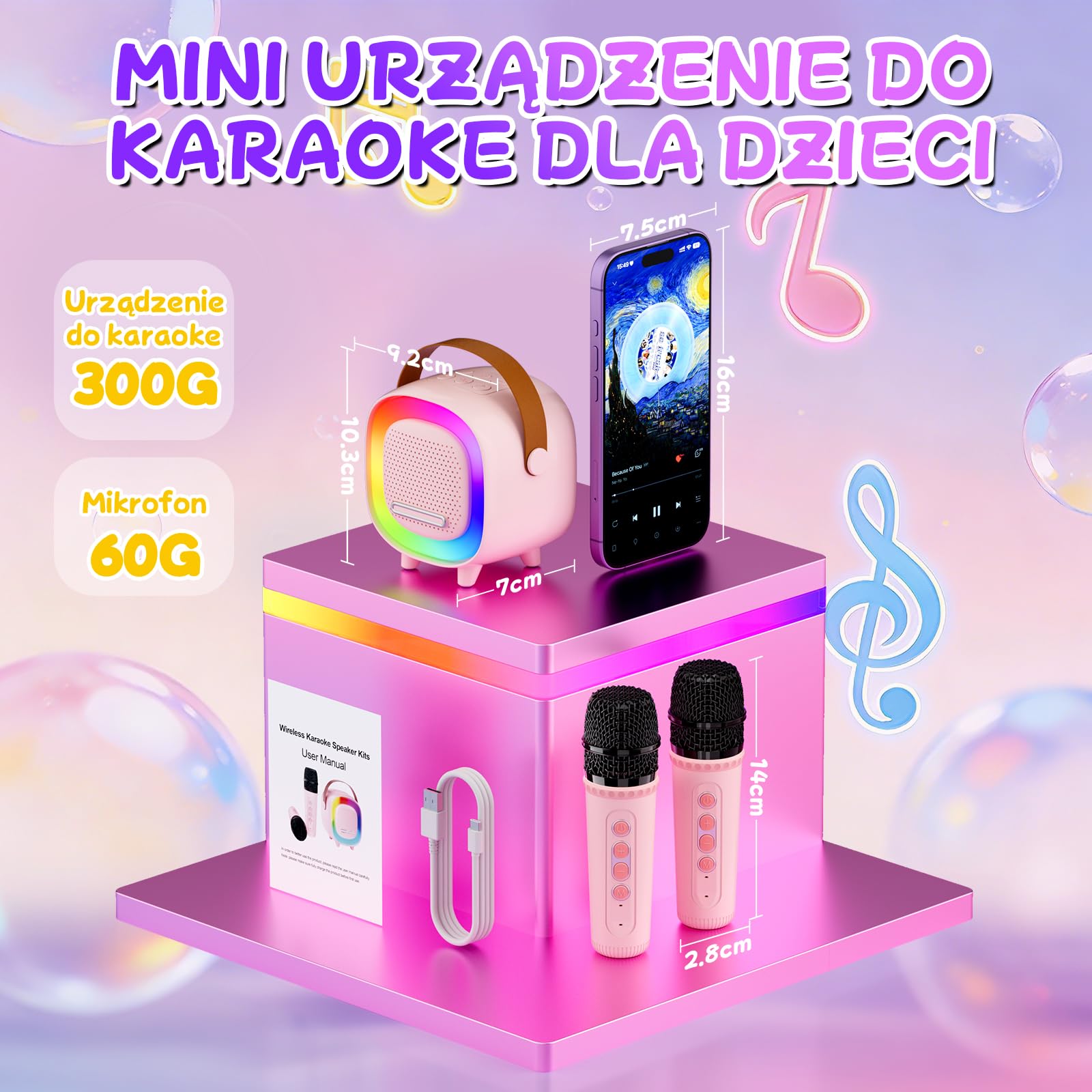 Mini Karaoke dla Dzieci i Dorosłych, 7 Trybów Efektów Dźwiękowych 6 Trybów Podświetlenia, Przenośny Głośnik Bluetooth z 2 Mikrofonami Bezprzewodowymi, Prezenty Świąteczne i Urodzinowe