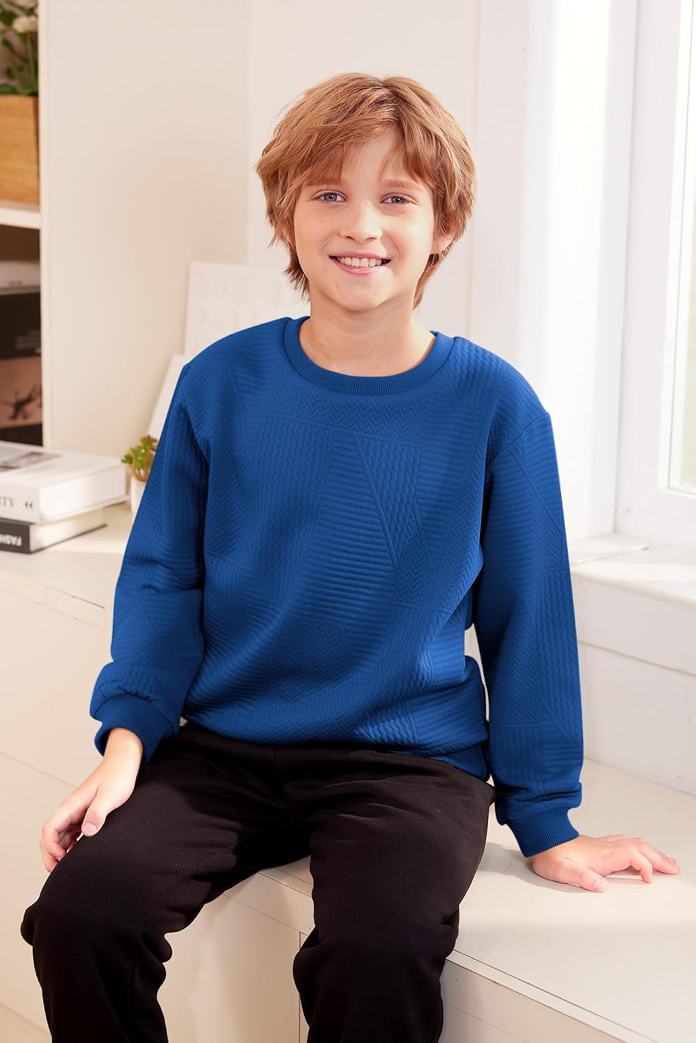 Boys Fall Casual Geometric Texture Sweatshirts Sports Crew Neck Pullover 5-14 Years