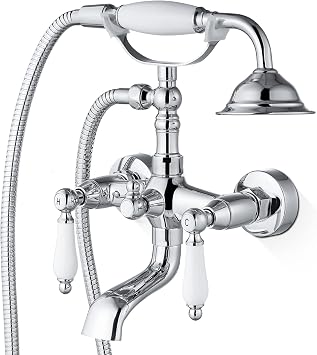 Airuida Bathtub Faucet with Telephone Handheld Sprayer,Chrome Polish | Wall Mount,Vintage Victorian Style,Vintage Tub Filler,Double Cross Handle