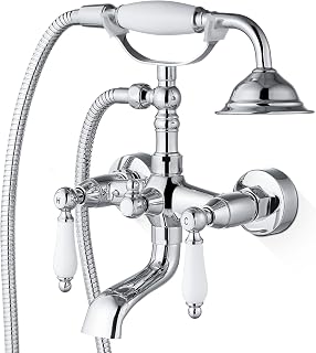 Airuida Wall Mount Bathtub Shower Faucet Kit with Telephone Shaped Handheld Sprayer Double Hot and Cold Water Mixer Tap Wall Mounted Tub Filler Set Vintage Style Lever Handles Chrome Polish