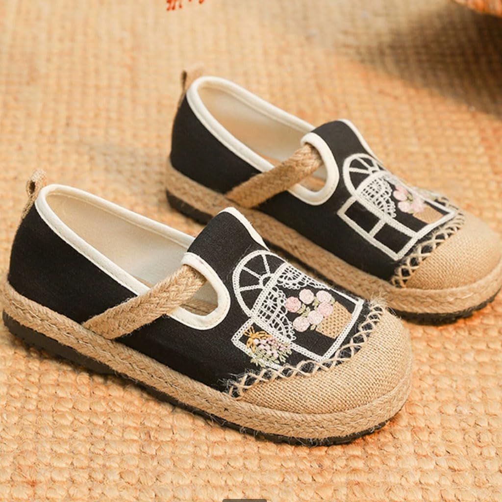 Espadryle dla kobiet, lniane buty damskie na lato z podeszwą z juty, ręcznie haftowane wygodne wsuwane buty na co dzień