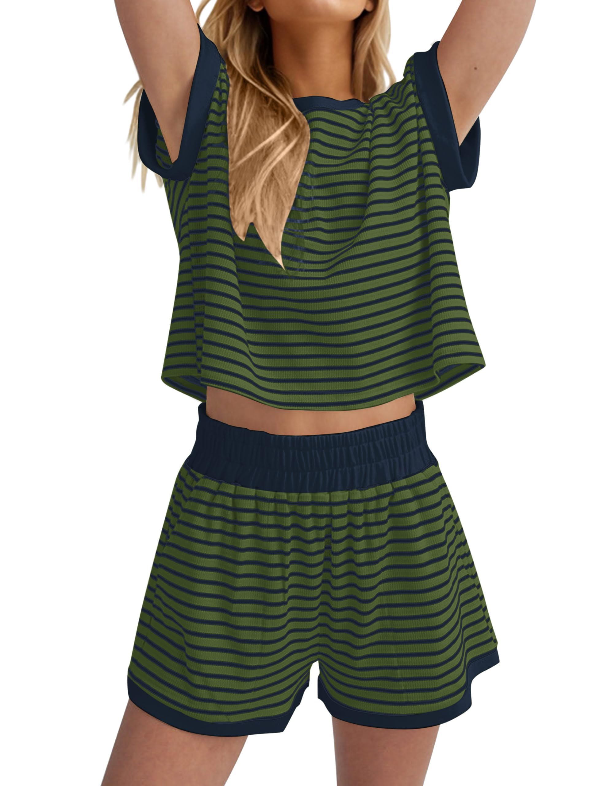 Burtell Women Summer 2 Piece Lounge Sets Striped Short Sleeve Tee Shirts Mini Shorts Loungewear Shorts Set Ribbed Pajama Set