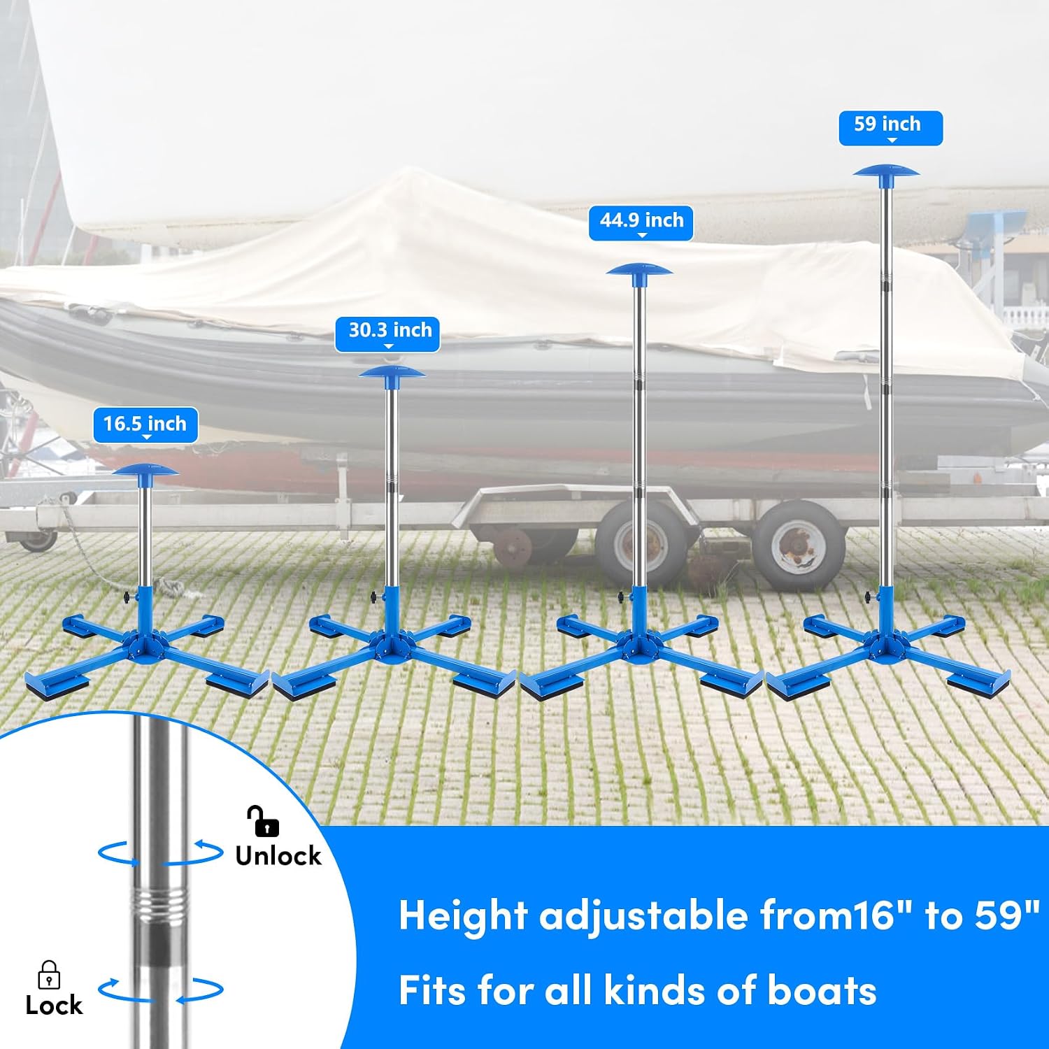 Boat Cover Support Poles Heavy Duty 2 Pack, 16” to 59” Stainless Steel Pontoon Boat Cover Support with Metal Cross Base, Adjustable Strap - Blue