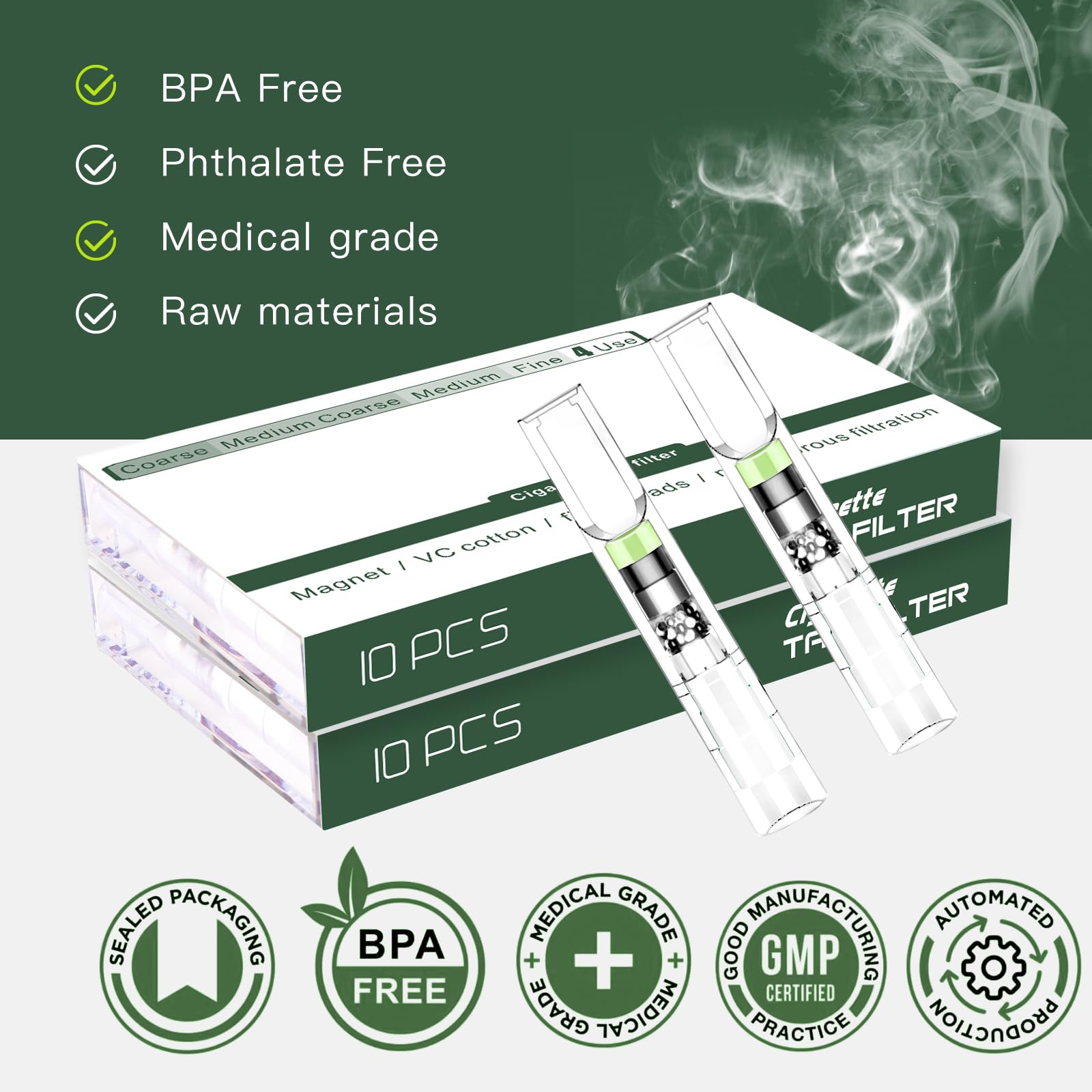Opakowanie 100 10-warstwowych filtrów papierosowych, które usuwają smołę i chemikalia, średnie, drobne, cztery zastosowania, filtry papierosowe wykonane z wysokiej jakości materiałów