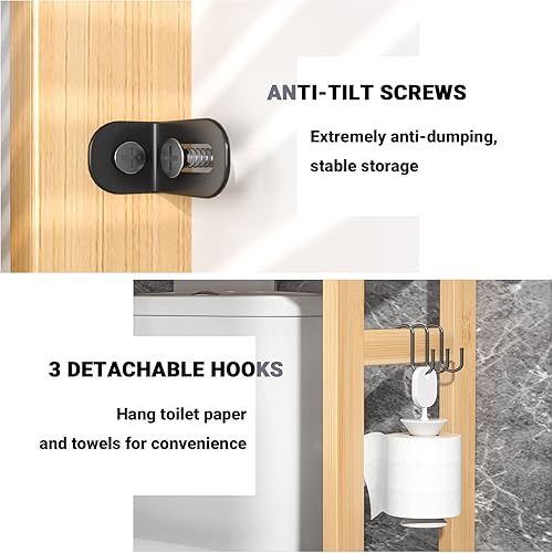 Miniatura 8 de Homykic Over The Toilet Storage, 3-Tier Bamboo Bathroom Shelf with 3 Hooks, Above Toilet Organizer Rack Freestanding for Small Space, Restroom,