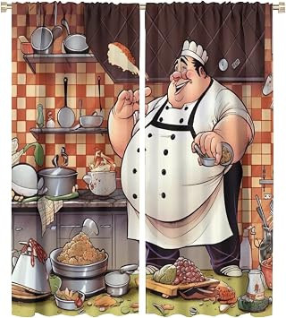 Chef Kitchen Decor Curtain, Retro Gourmet Cartoon Fat Chef Kitchen Cook Pattern Home Decor Rod Pocket Curtain for Restaurant, Living Room, Bedroom, Coffee Drapes 42x54in