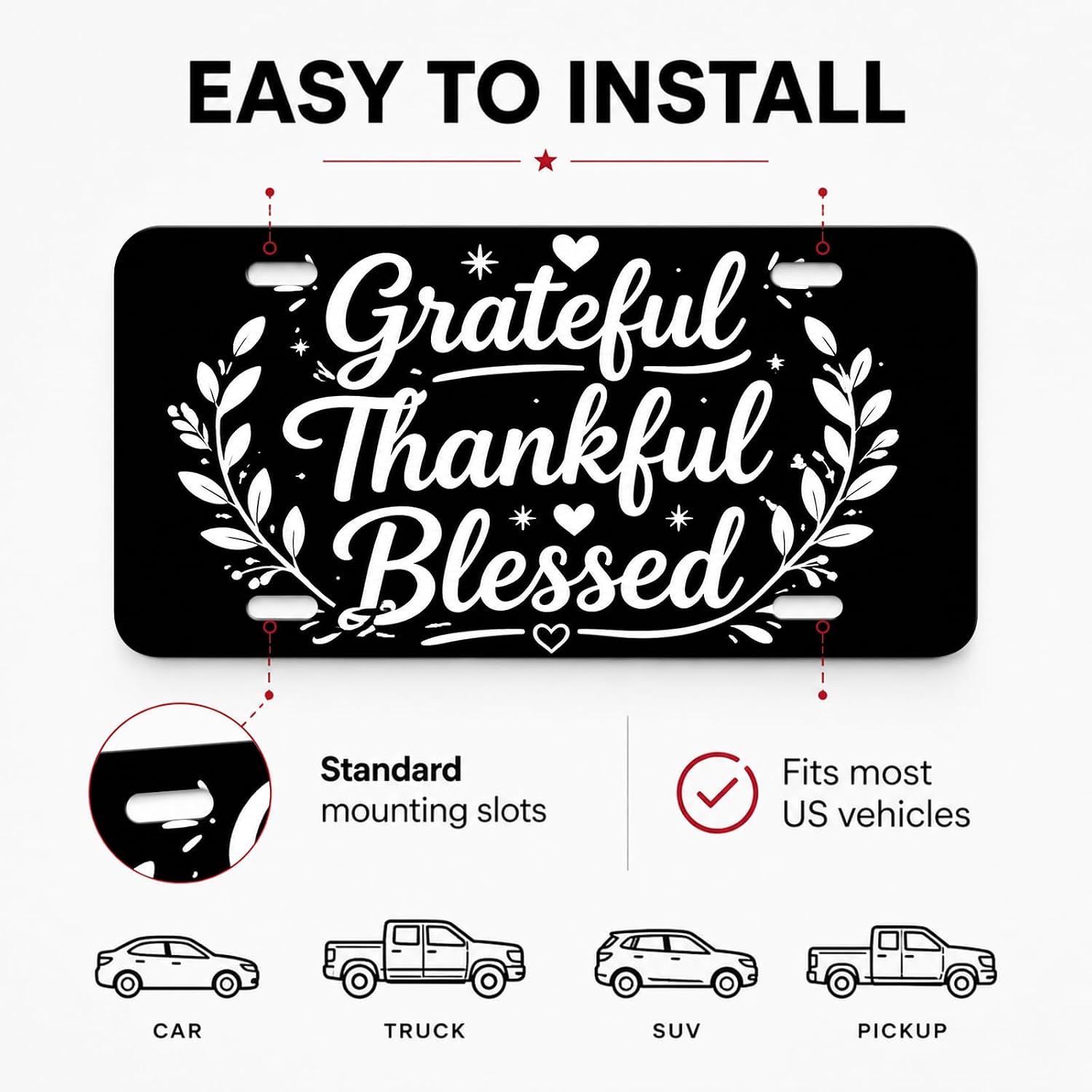 Grateful Thankful Blessed Front License Plate Cover, Aluminum Decorative Car Vanity Tag Funny Novelty Metal Plate 6"x12" with 4 Holes for Men and Women