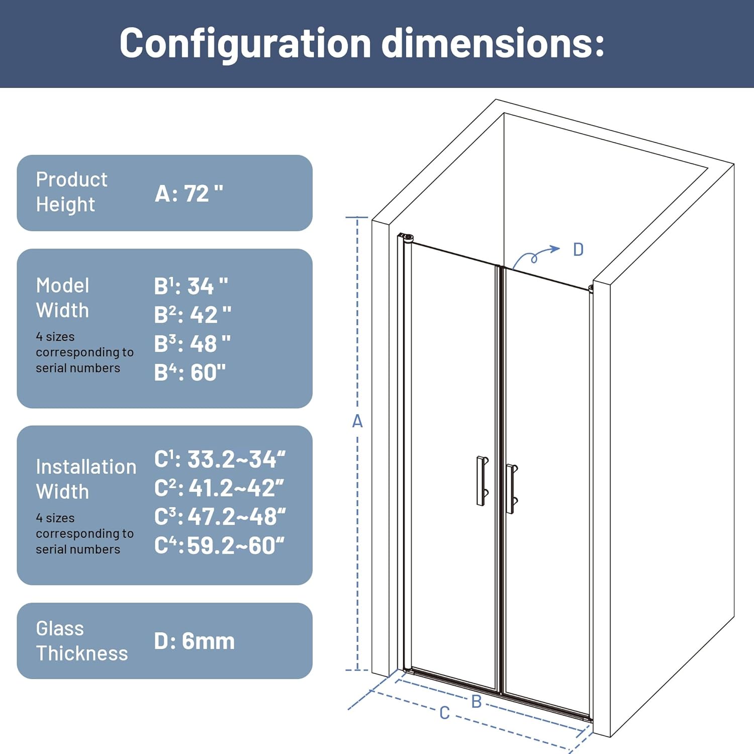 42" W ×72" H Frameless Pivot Shower Door, Pivot Swing Shower Glass Door, 1/4"(6mm) SGCC Clear Tempered Glass Shower Door,Brushed Nickel