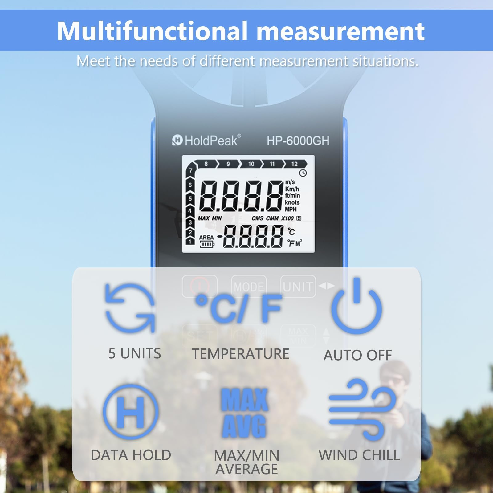 Anémomètre Numérique, Anémomètre Rechargeable, VMC Anémomètre Mesurer la Vitesse du Vent/Température écran LCD Rétroéclairé, Anémomètre Portatif pour Extérieur pour kitesurfing HVAC drone
