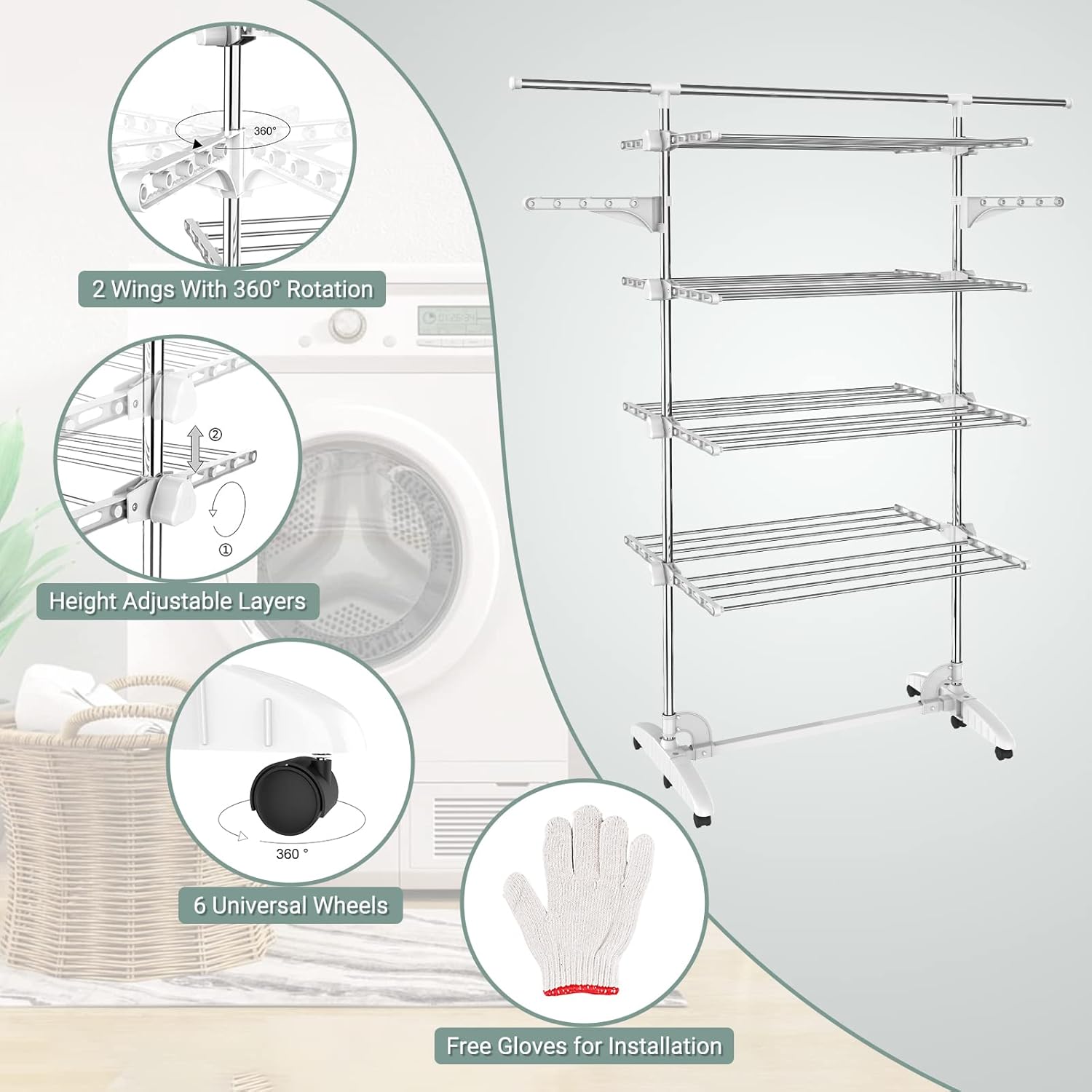 Todeco Clothes Drying Rack,4 Tier Foldable Laundry Drying Rack with Extended Top Bar,High Load Capacity Stainless Steel Space-Saving Clothes Airer with 2 Extra Adjustable Dry Rail Hanger,w/6 Casters