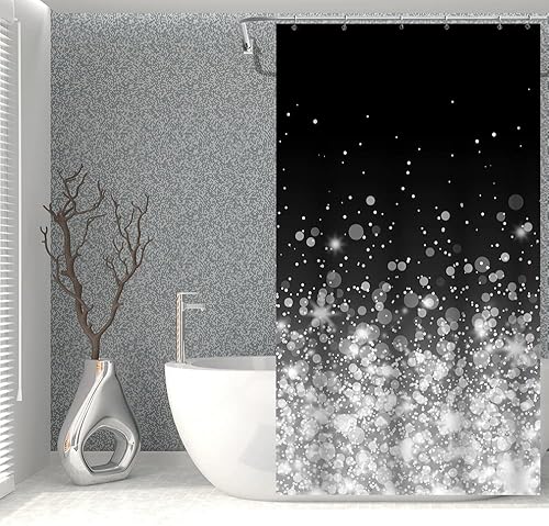 Miniatura 9 de OERJU Cortina de ducha de 72 x 96 pulgadas con puntos brillantes, hermosa noche romántica de ensueño, arte blanco y negro, estilo femenino, tela