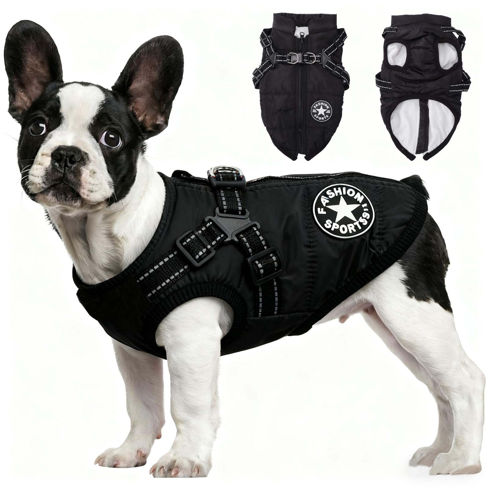 Innfttwo Winter Warm Waterproof Dog Coat with Harness,Dog Rain Coat, Dogs Jacket, Fits Most Dogs (Black, Chest: 15.0"~16.5")
