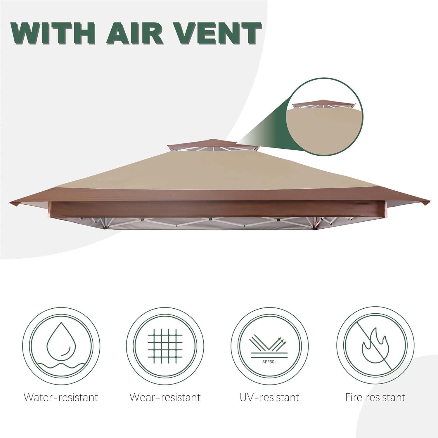 Canopy Replacement Top Compatible with OUTFINE 12'x12' Gazebo, Canopy Cover ONLY,(Khaki/Brown)