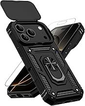for iPhone 17 Pro Case, with Slide Camera Cover HD Screen Protector [Military Grade 16ft. Drop Tested] Ring Holder Kickstand Protective Phone Case for Apple iPhone 17 Pro, Black