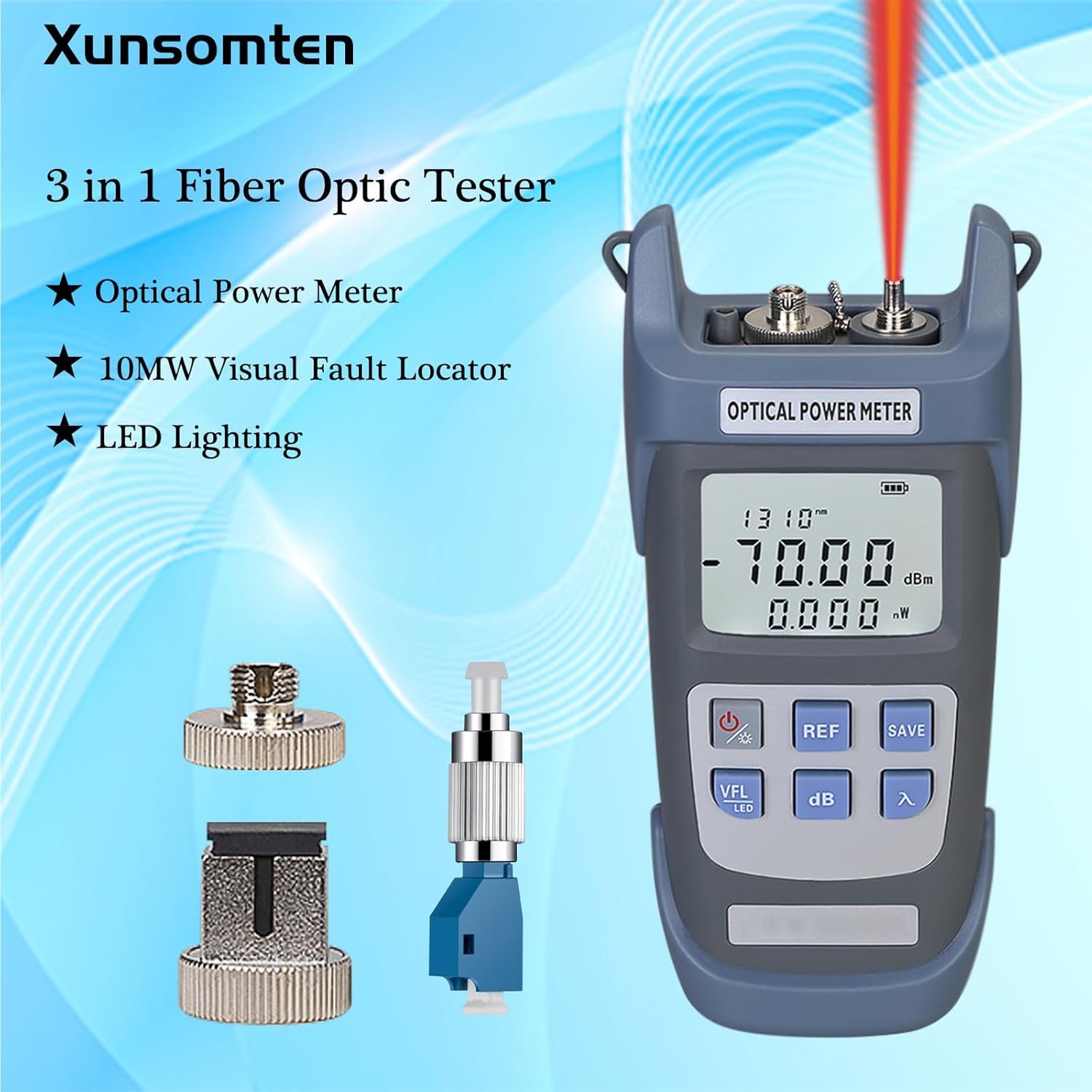 Fiber Optic Tester 3 in 1 Function Optical Power Meter (FC/SC/ST) & VFL Visual Fault Locator & LED Lighting, OPM & VFL Fiber Optic Tester, Range: (-70) dBm ~ (+10) dBm. 2pcs (OPM-VFL-10)
