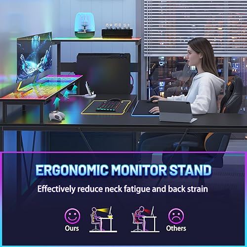 Miniatura 9 de Escritorio para juegos en forma de L de 63 pulgadas con toma de corriente y luces LED, escritorio reversible en forma de L con 3 cajones para