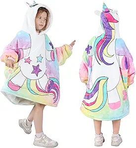 MIZZEO Kids Wearable Blanket Hoodie, Oversized Sherpa Wearable Blanket with Hood Pocket and Sleeves for Toddlers, Cute Hoodies 2-6 Year Old Girls Boys Youth Birthday Gifts (Unicorn)