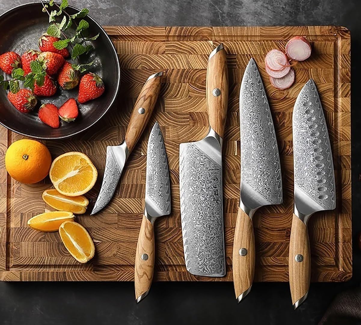 DAXXIN Kitchen Knife Sets, 5PCS Kitchen Knife Set 73 Layers Composite Damascus Steel Chef Utility Nakiri Knives Olive Wood Handle
