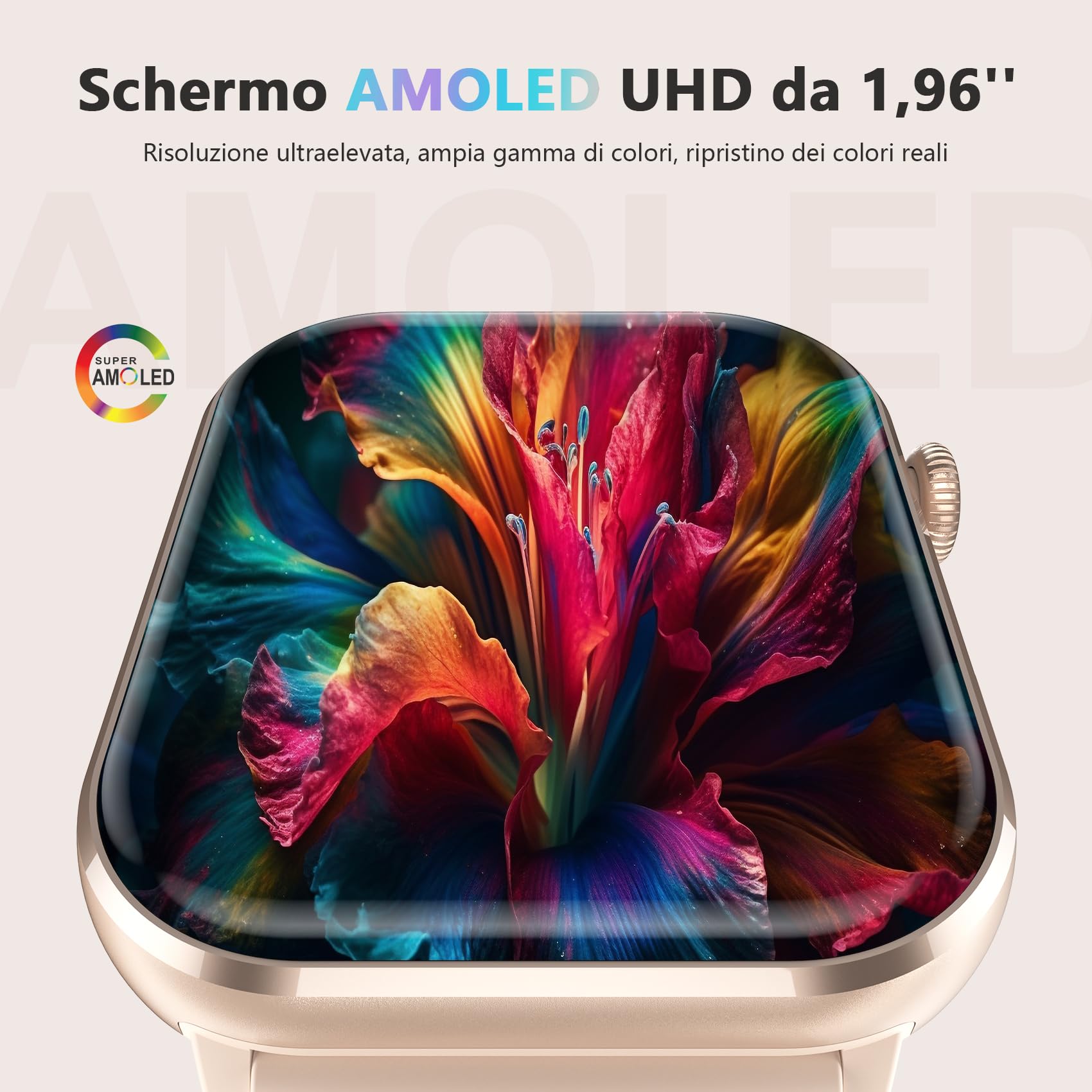 Blackview Smartwatch Donna Uomo, 1.96' HD AMOLED Orologio Intelligente Fitness, Effettua e Rispondi alle Chiamate/112+ Sportive/SpO2/Monitoraggio del Sonno/Cardiofrequenzimetro per Android IOS