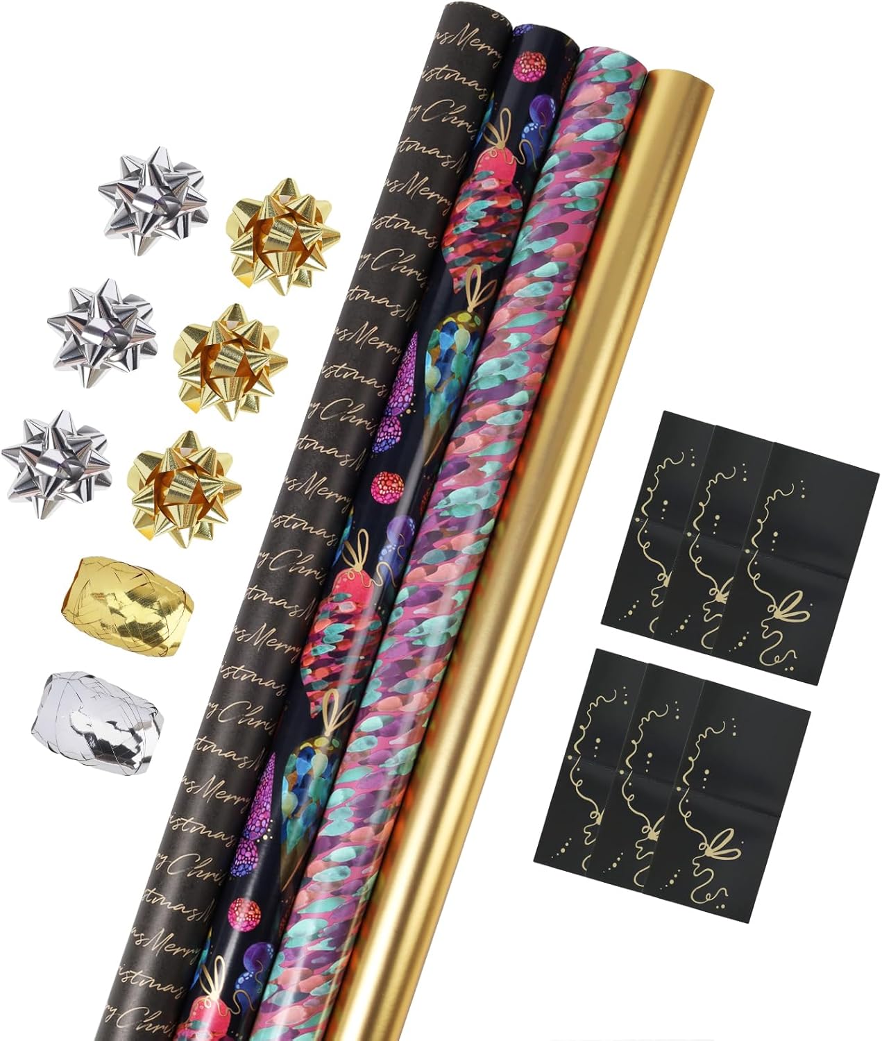 LaRibbons Christmas Wrapping Paper Roll with Cutlines, Merry Christmas Text & Jewel Toned Design with Gift Bow & Ribbons & Tags, Perfect for Xmas, Holiday, 30 Inch X 10 Feet (4Rolls, 100 sq.ft.ttl.) Jewel Toned Ornaments 30Inch × 10Feet-4 Rolls