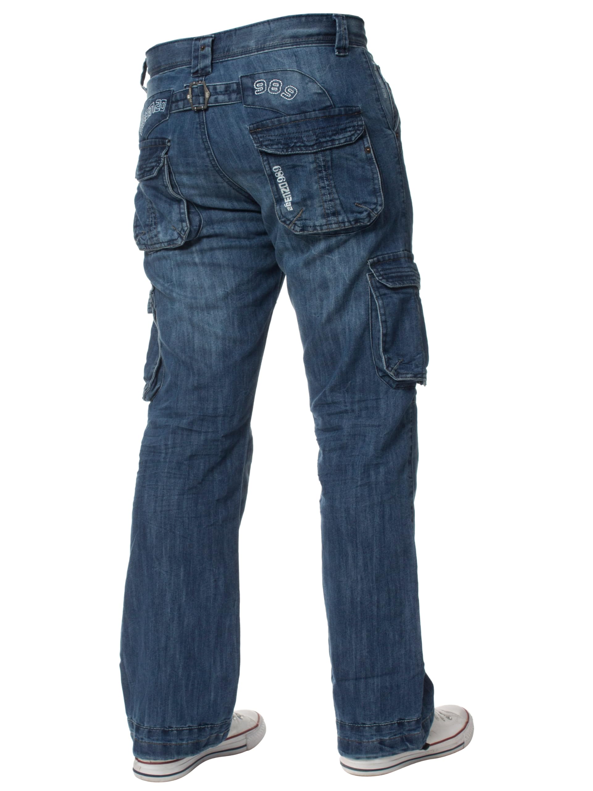 New ENZO Mens Designer Cargo Combat Blue Coated Denim Jeans Pants All Waist Size Midstone Wash 48 W X 32L
