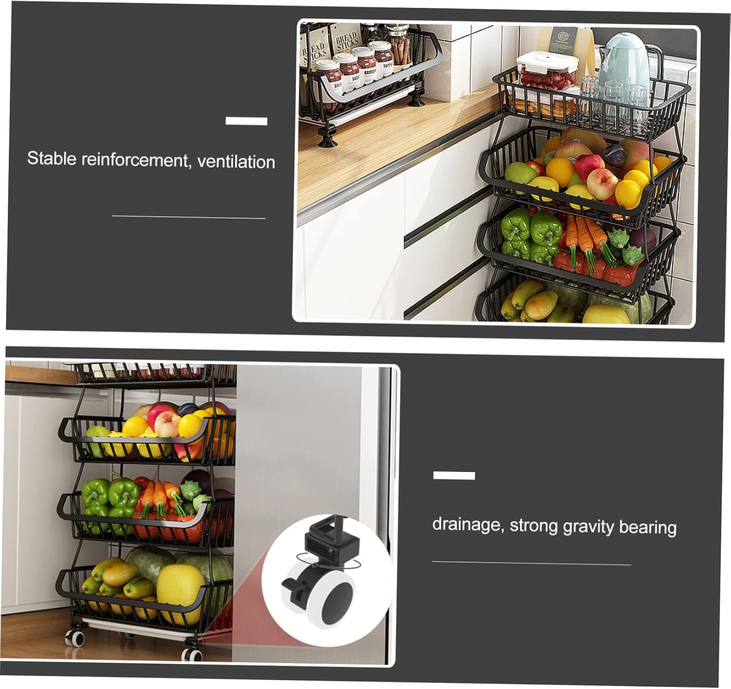 KICHOUSE 1set Three-Layer Kitchen Storage Cart Trolley Multi-Purpose Design Rolling Utility Rack for Easy Organization of Fruits Vegetables and Kitchen Essentials