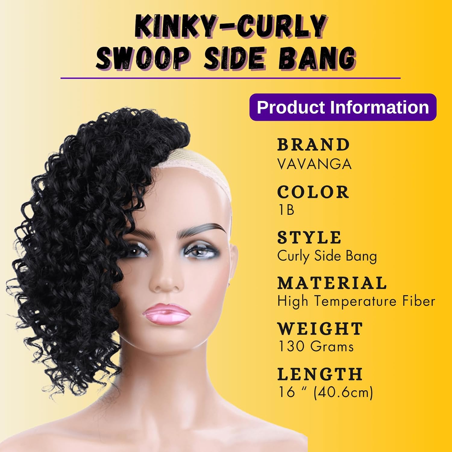 VAVANGA Curly Clip-in Bangs, 16inch Clip-on Long Kinky-Curly Swoop Side Fake Fringe Bang Black Hair Piece Thick Bangs Hair Extension for Black Women(16", 1B#)
