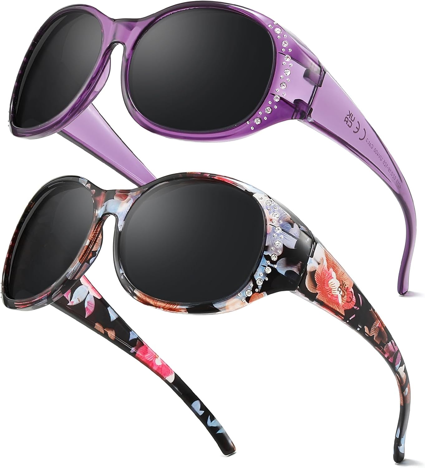 FIMILU Polarized Sunglasses Over Glasses for Women, UV400 Protection Sunglasses with Rhinestone for Daily Outdoor 2pack