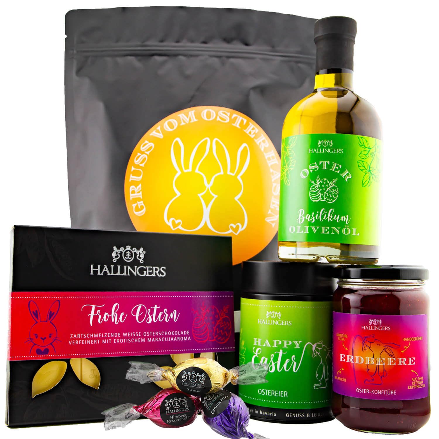Hallingers Genuss Manufaktur Feinkost Oster-Geschenk-Set - XXL-Wundertüte "Gruß vom Osterh..." großes Osternest Pralinen-Ostereier, Ostertafel, Konfitüre & Olivenöl, Ostern Körbchen für Frauen Männer