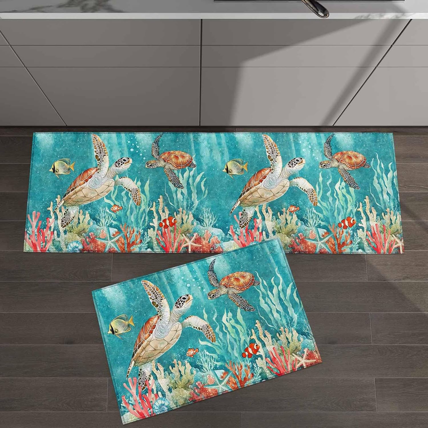 2 Pieces Kitchen Rugs and Mats,Retro Watercolor Ocean Turtle Coral Fish Area Runner Rug Set Non Slip Floor Doormat Washable Carpet Standing Mat for Kitchen Sink Indoor Corridor,Nautical Marine Life
