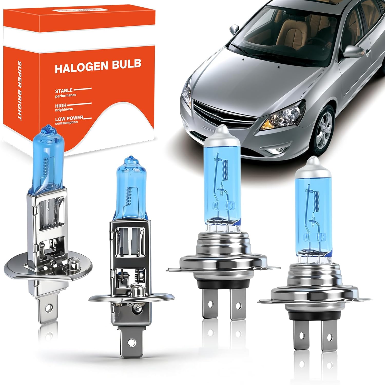 OQSNCV Fit for Hyundai Elantra (2001-2006) Halogen Headlight Bulbs, H1 High Beam + H7 Low Beam Headlamp Replacement Bulbs Kit, Pack of 4