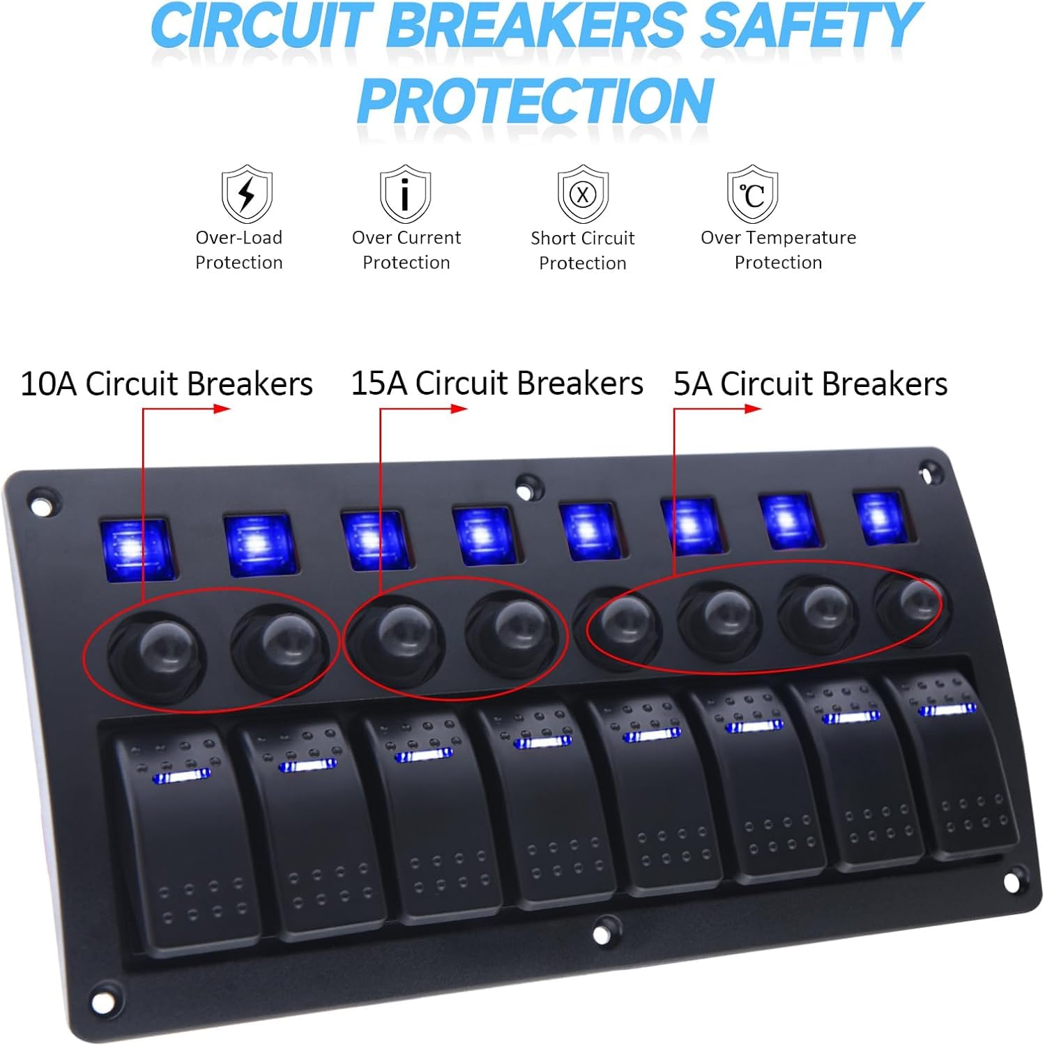 Rocker Switch Panel Waterproof 5 Gang Marine Toggle Switches 12V Blue LED Lighter Panel ON-Off