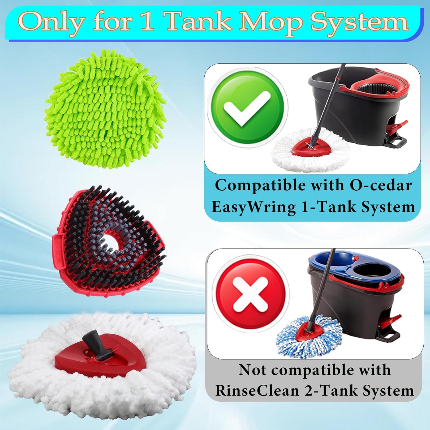 Spin Mop Heads Replacement for O-Cedar EasyWring Spin Mop Microfiber Refill, Replace Heads for O Cedar Easywring 1 Tank with 2 Pack Refills, 1 Chenille Head,1 Pack Scrubber Head, 1 Base for Ocedar