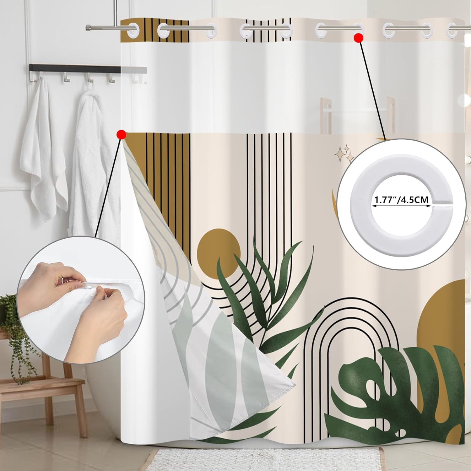 Baocicco No Hook Bohemian Cat Shower Curtain Cat Catch Star Double Layer Bathtubs Hotel Curtain Set Boho Style Modern Fashion Double Layers Waterproof Fabric with See Through Top Window 71x74 Inch