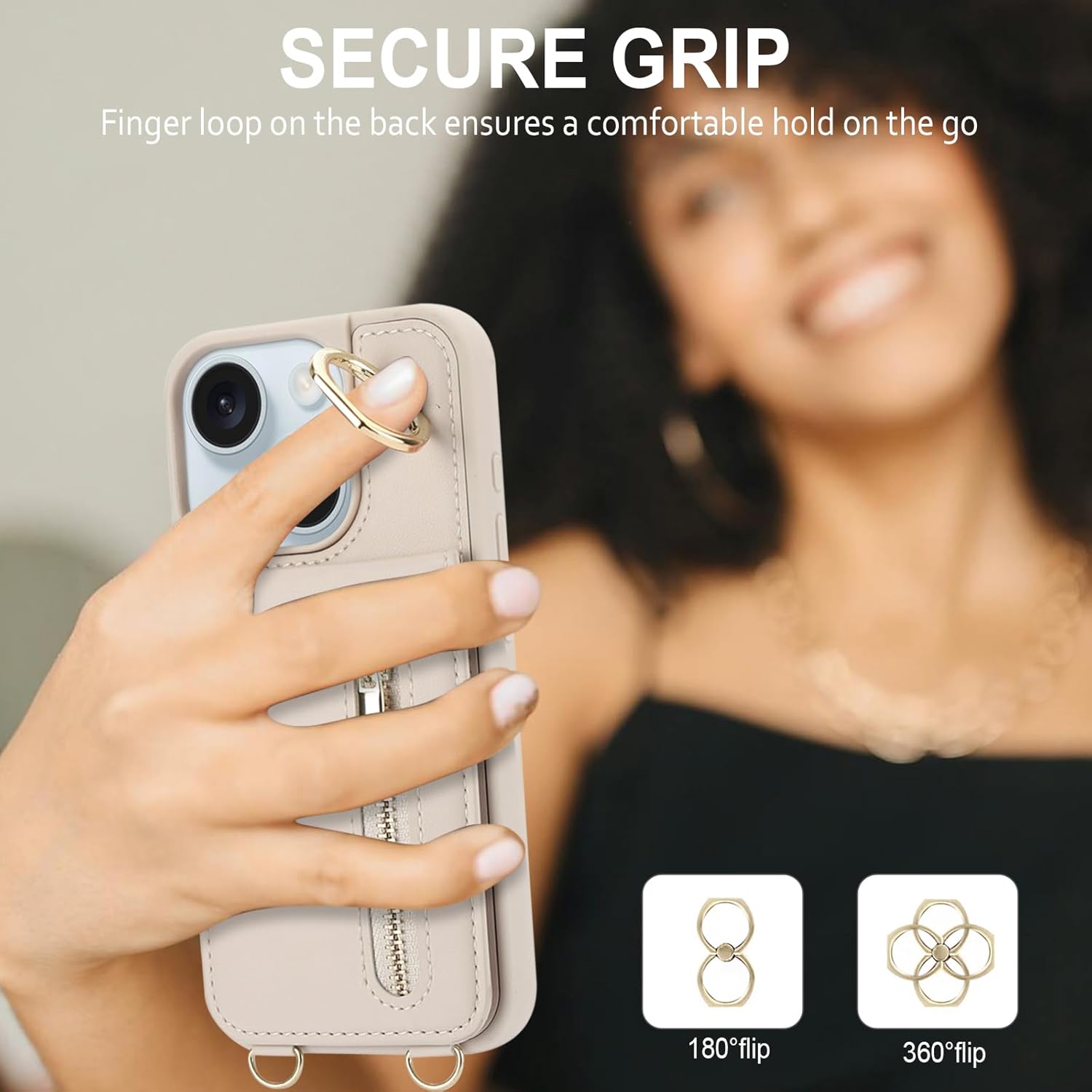 for iPhone 13/14 Wallet Case with Strap Card Slot Holder RFID Blocking Ring Kickstand,Magnetic Flip Folio Zipper Crossbody Purse Case with Lanyard,PU Leather Cover Handbag,Beige - Image 8