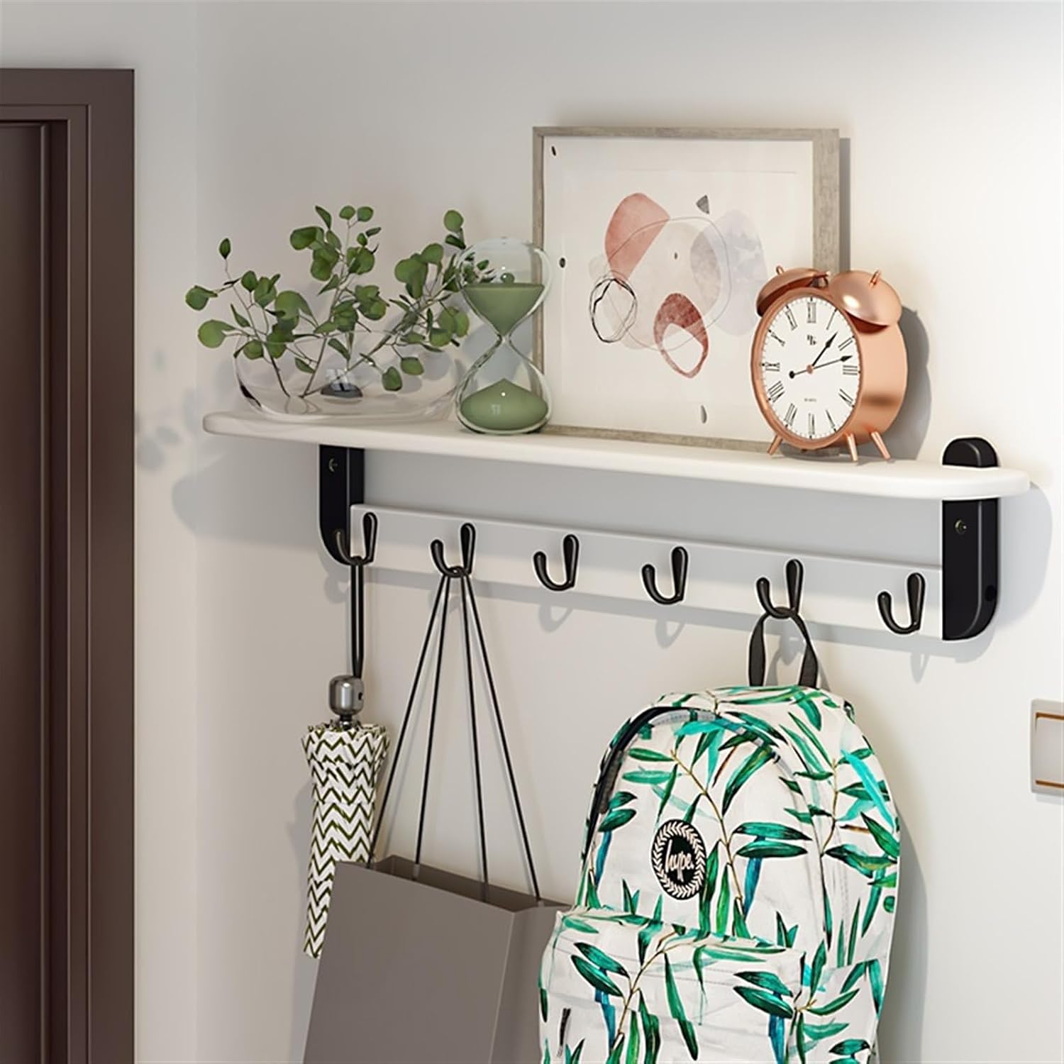 Wall Mounted Coat Rack Coat Hooks with Shelf Wall-Mounted, Entryway Coat Rack for Wall, Bamboo Hanging Shelf with 6 Metal Hooks for Bathroom, Bedroom, Kitchen, Living Room Rack for Wall