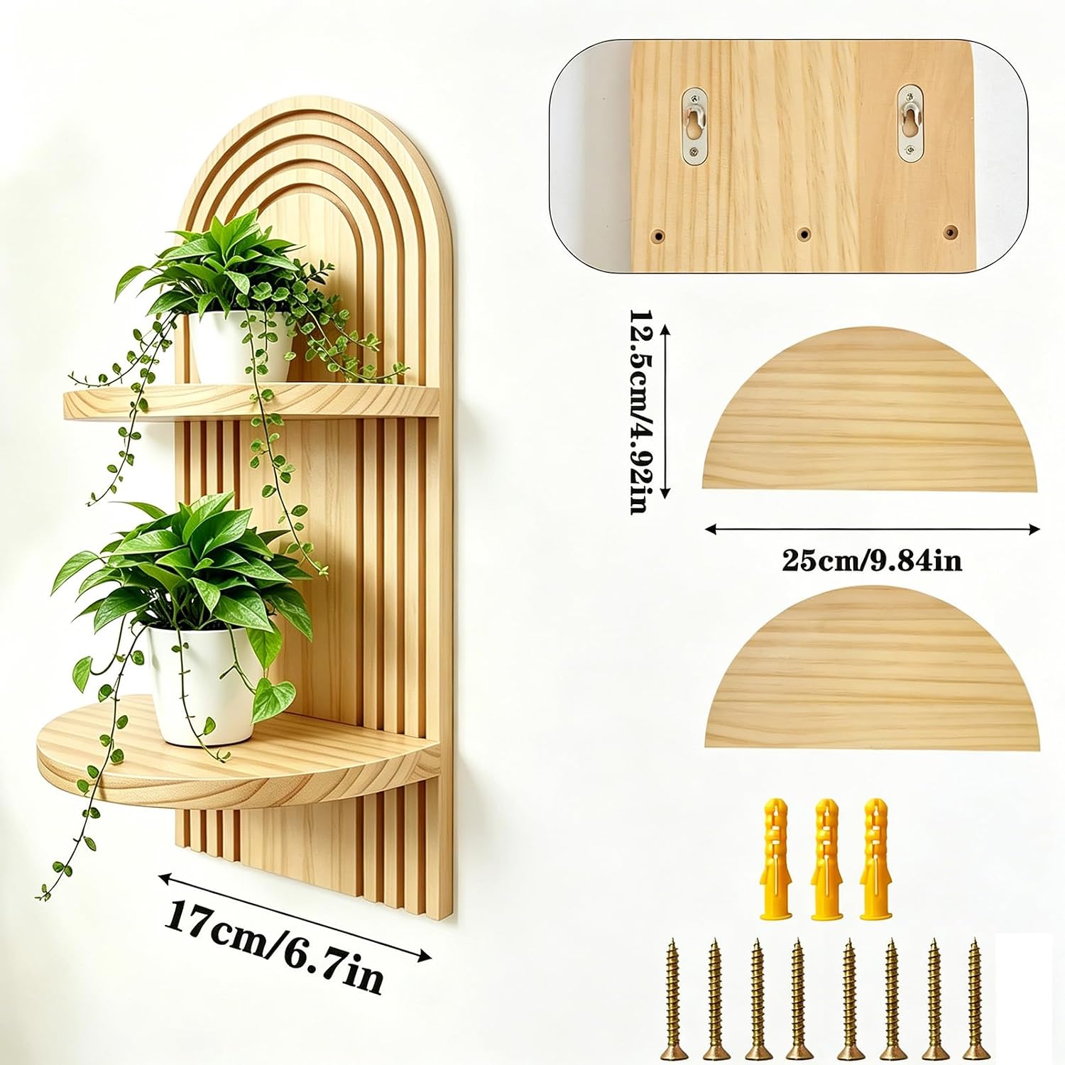 Boho Wall Shelf Set of 2, 2-Tier Wooden Floating Shelves, Mid Century Modern Plant Shelf, Natural Wood, Natural