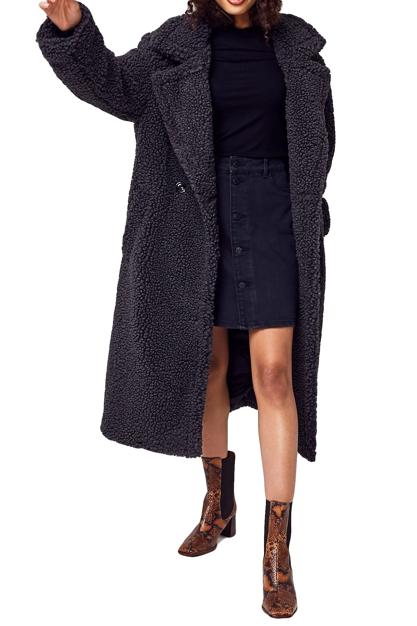 UGG Women's Gertrude Long Teddy Coat, Ink Black, S