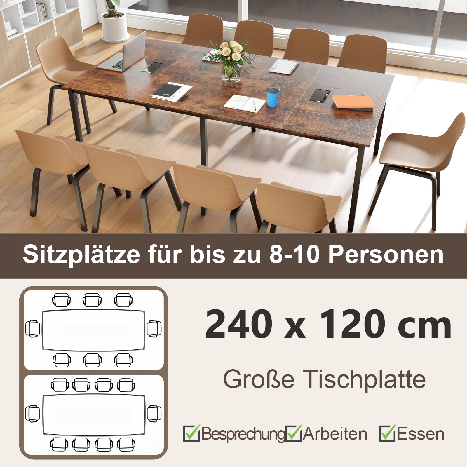 GYMAX Konferenztisch 240 x 120 cm, Bürotisch für 8-10 Personen, Langer Arbeitstisch mit robustem Metallrahmen & 2 Kabeldurchführungen, Computertisch Esstisch für Home, Konferenzraum