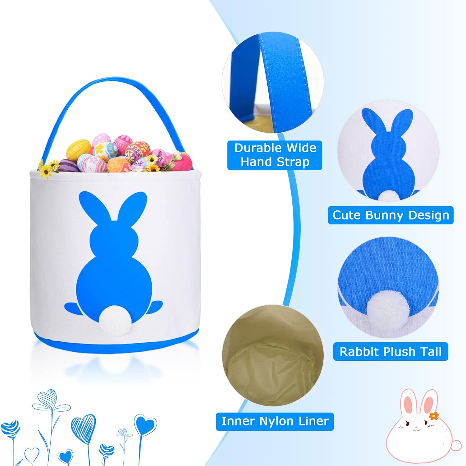 Jexine 12 Pcs Easter Bunny Basket Bags Bulk for Kids Gift Bucket Easter Eggs Hunt Basket with Handle Rabbit Fluffy Tails Bunny Tote Bag Bucket for Spring Party(Classic Color,Matte, Sequin)
