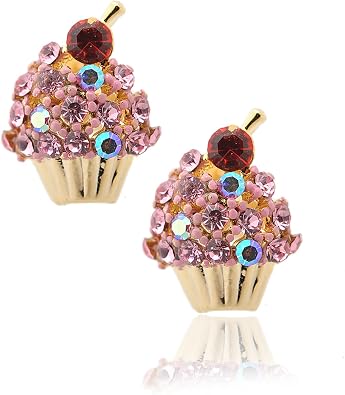 Spinningdaisy Pink Cupcake Stud Earrings Crystal Dessert Jewelry, Cute Playful Gift Pink
